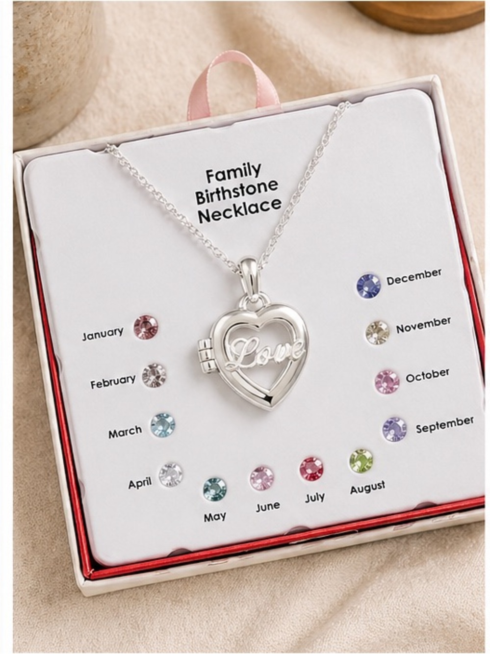 Silver Family Locket Birthstone Necklace | "Love" Heart